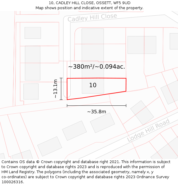 10, CADLEY HILL CLOSE, OSSETT, WF5 9UD: Plot and title map