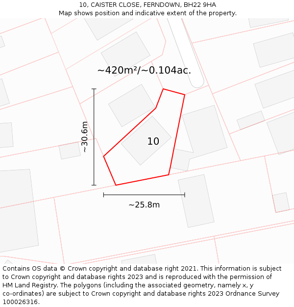 10, CAISTER CLOSE, FERNDOWN, BH22 9HA: Plot and title map