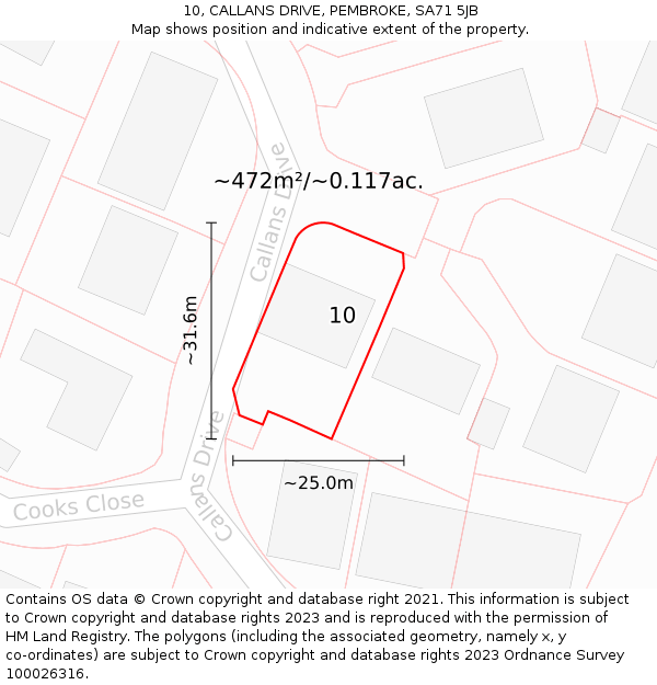 10, CALLANS DRIVE, PEMBROKE, SA71 5JB: Plot and title map