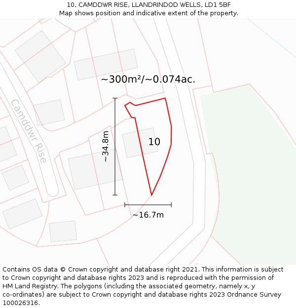 10, CAMDDWR RISE, LLANDRINDOD WELLS, LD1 5BF: Plot and title map