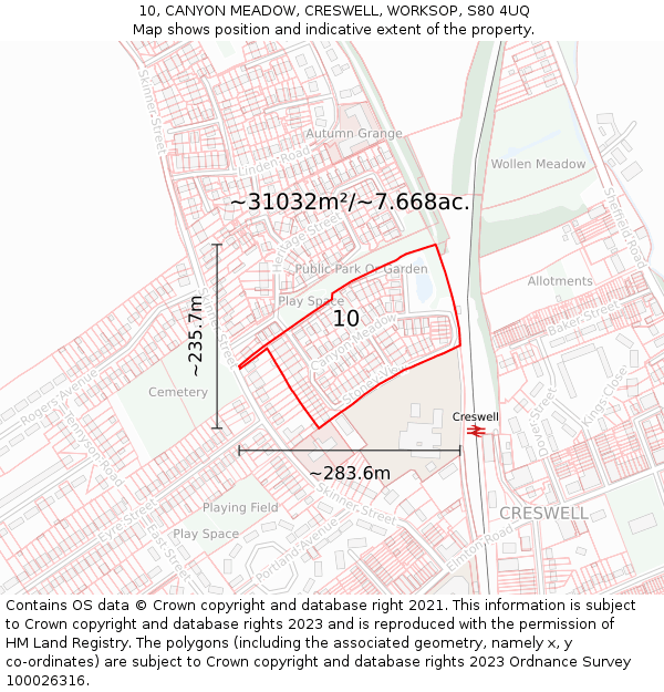 10, CANYON MEADOW, CRESWELL, WORKSOP, S80 4UQ: Plot and title map