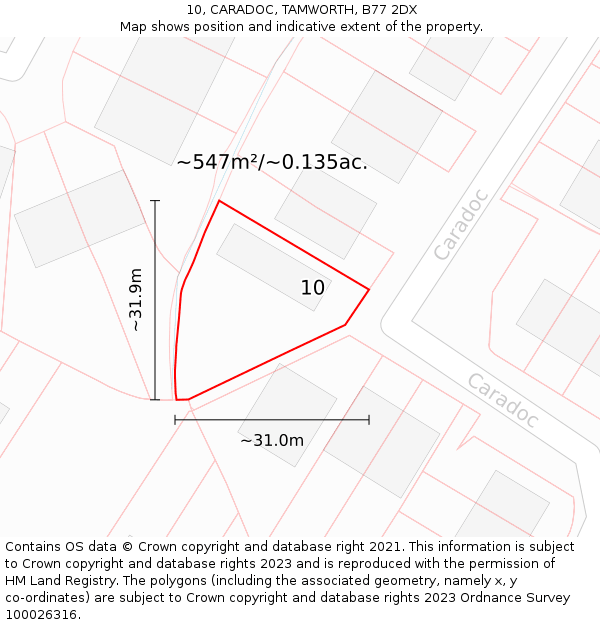 10, CARADOC, TAMWORTH, B77 2DX: Plot and title map