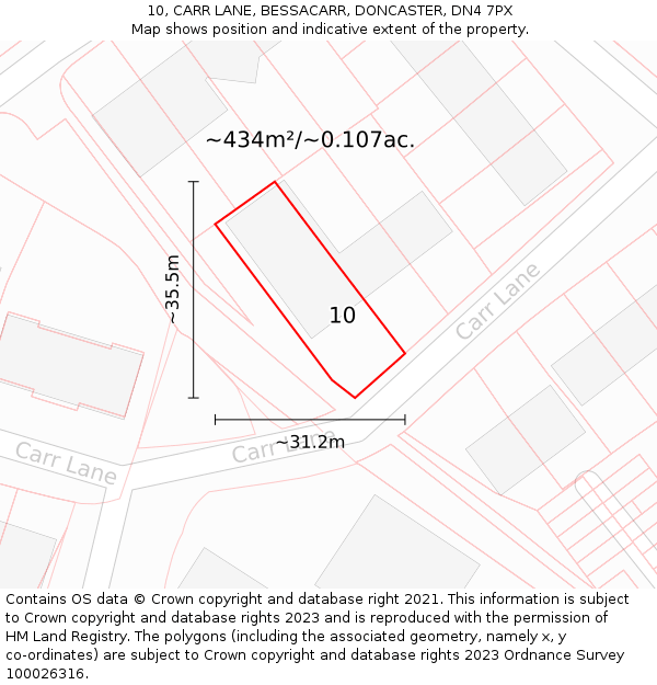 10, CARR LANE, BESSACARR, DONCASTER, DN4 7PX: Plot and title map