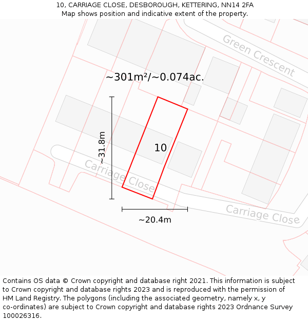 10, CARRIAGE CLOSE, DESBOROUGH, KETTERING, NN14 2FA: Plot and title map