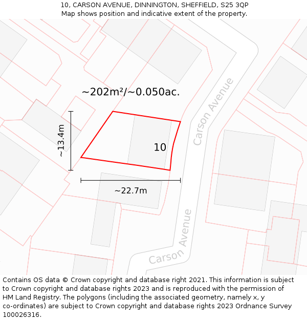 10, CARSON AVENUE, DINNINGTON, SHEFFIELD, S25 3QP: Plot and title map