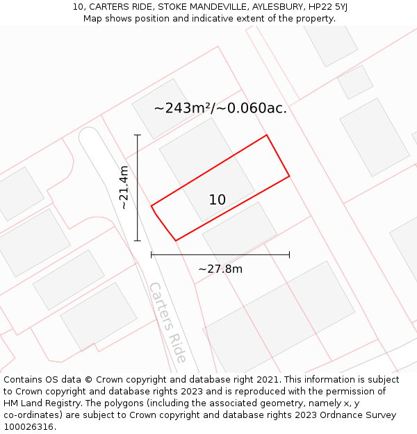 10, CARTERS RIDE, STOKE MANDEVILLE, AYLESBURY, HP22 5YJ: Plot and title map