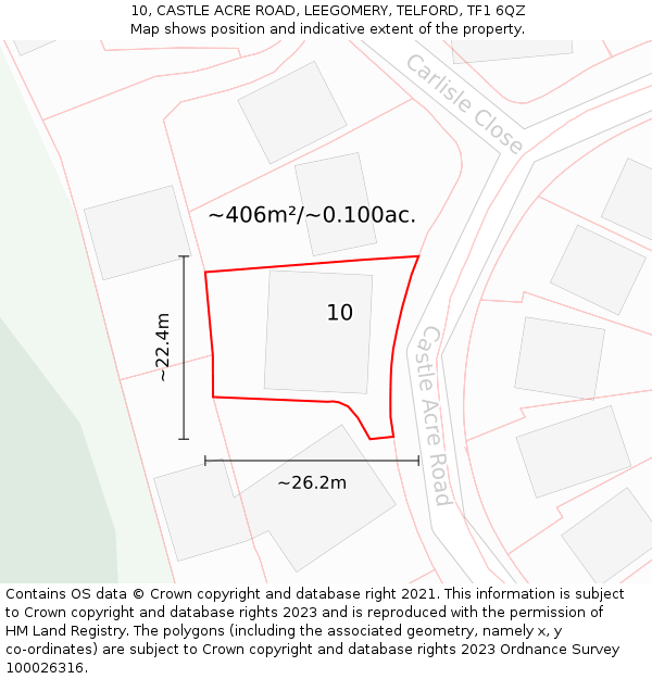 10, CASTLE ACRE ROAD, LEEGOMERY, TELFORD, TF1 6QZ: Plot and title map