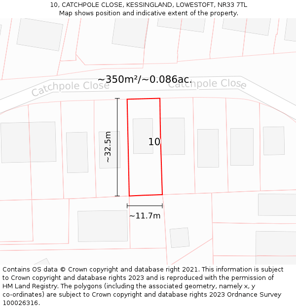 10, CATCHPOLE CLOSE, KESSINGLAND, LOWESTOFT, NR33 7TL: Plot and title map