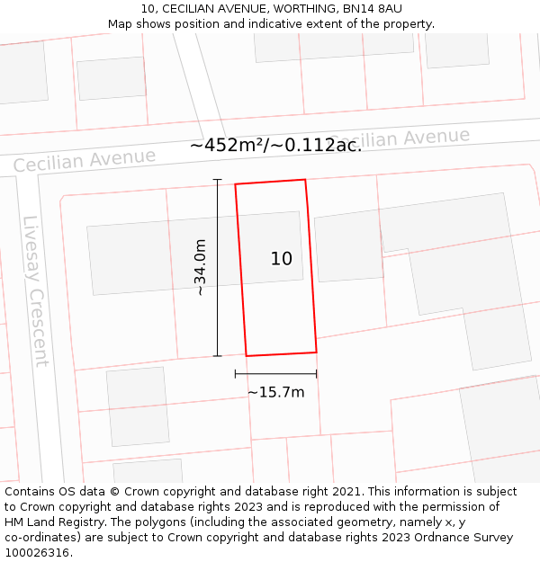 10, CECILIAN AVENUE, WORTHING, BN14 8AU: Plot and title map