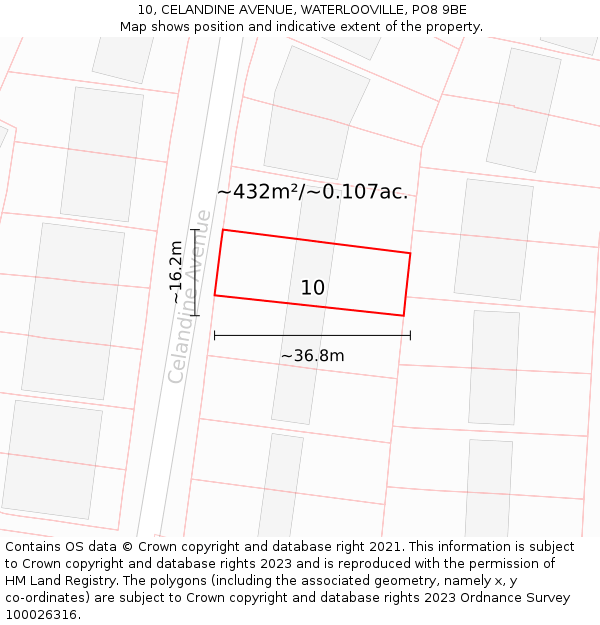 10, CELANDINE AVENUE, WATERLOOVILLE, PO8 9BE: Plot and title map