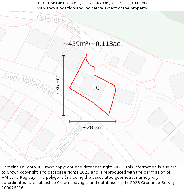 10, CELANDINE CLOSE, HUNTINGTON, CHESTER, CH3 6DT: Plot and title map