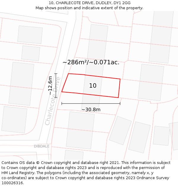 10, CHARLECOTE DRIVE, DUDLEY, DY1 2GG: Plot and title map