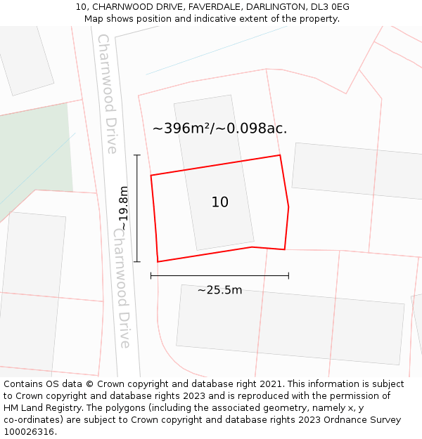 10, CHARNWOOD DRIVE, FAVERDALE, DARLINGTON, DL3 0EG: Plot and title map