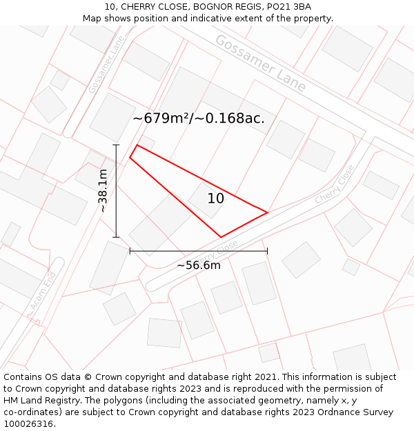 10, CHERRY CLOSE, BOGNOR REGIS, PO21 3BA: Plot and title map