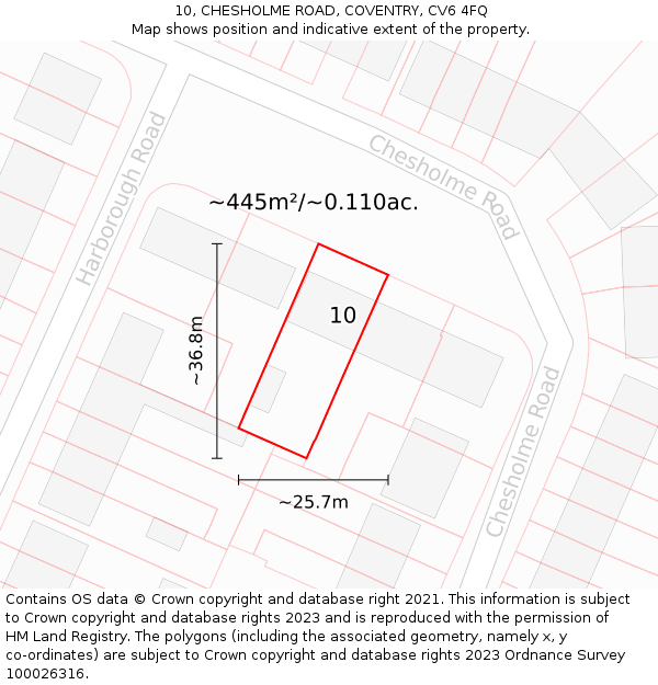 10, CHESHOLME ROAD, COVENTRY, CV6 4FQ: Plot and title map