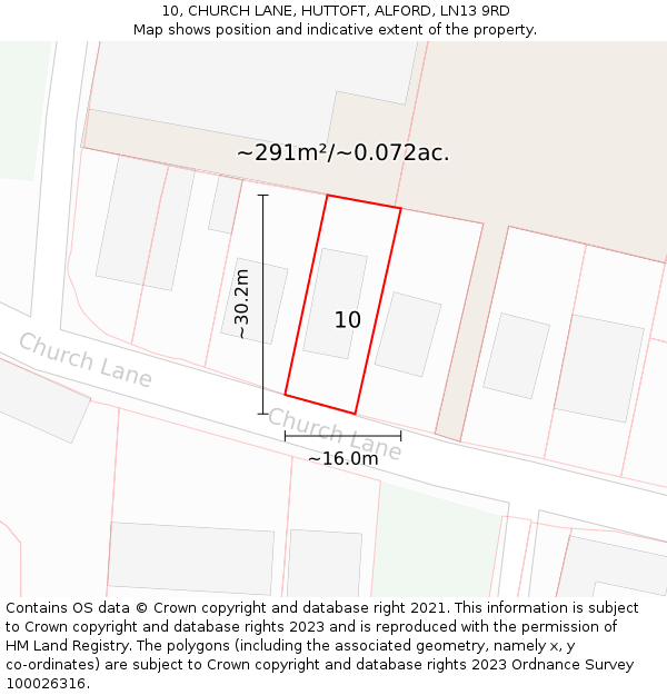 10, CHURCH LANE, HUTTOFT, ALFORD, LN13 9RD: Plot and title map