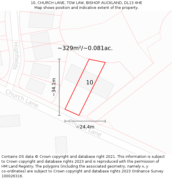 10, CHURCH LANE, TOW LAW, BISHOP AUCKLAND, DL13 4HE: Plot and title map