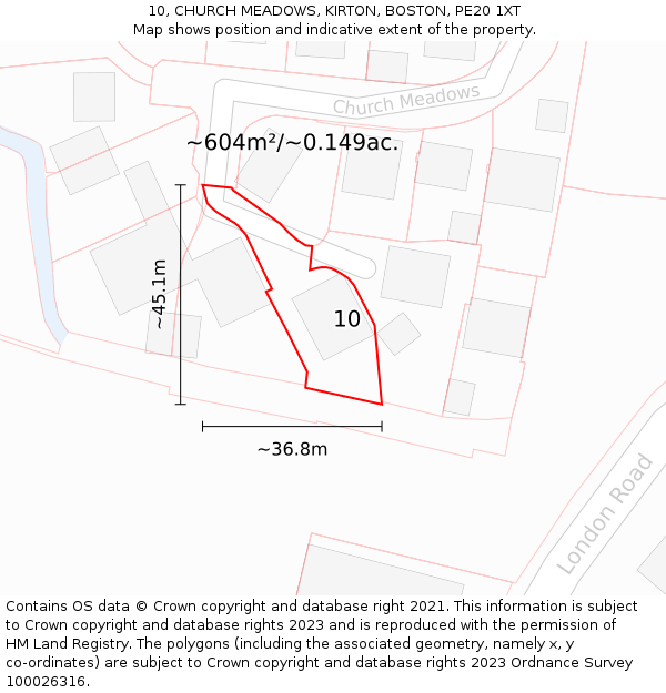 10, CHURCH MEADOWS, KIRTON, BOSTON, PE20 1XT: Plot and title map