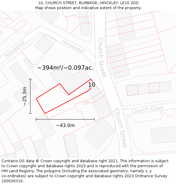 10, CHURCH STREET, BURBAGE, HINCKLEY, LE10 2DD: Plot and title map