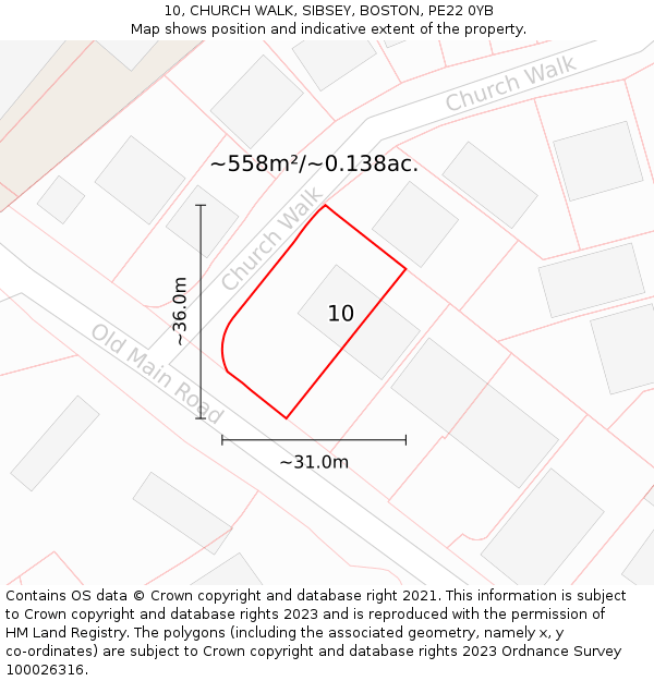 10, CHURCH WALK, SIBSEY, BOSTON, PE22 0YB: Plot and title map