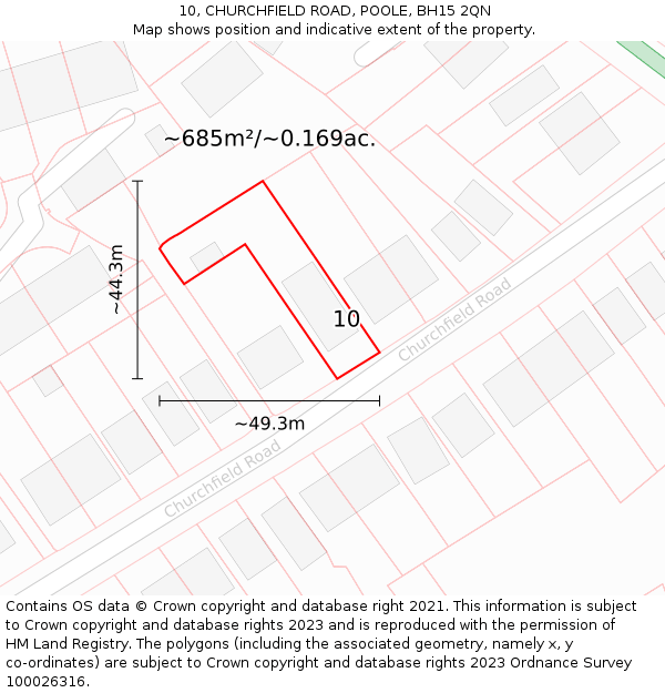 10, CHURCHFIELD ROAD, POOLE, BH15 2QN: Plot and title map