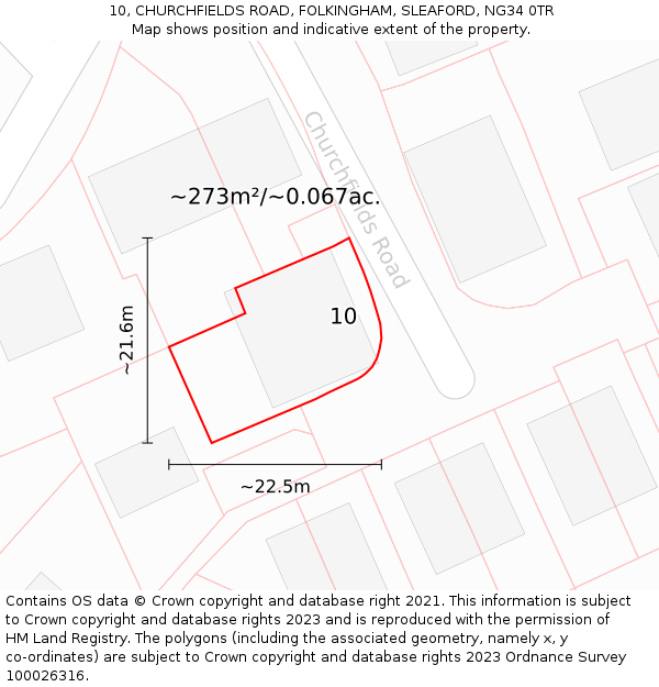 10, CHURCHFIELDS ROAD, FOLKINGHAM, SLEAFORD, NG34 0TR: Plot and title map