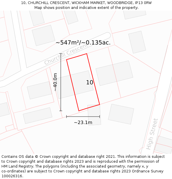 10, CHURCHILL CRESCENT, WICKHAM MARKET, WOODBRIDGE, IP13 0RW: Plot and title map