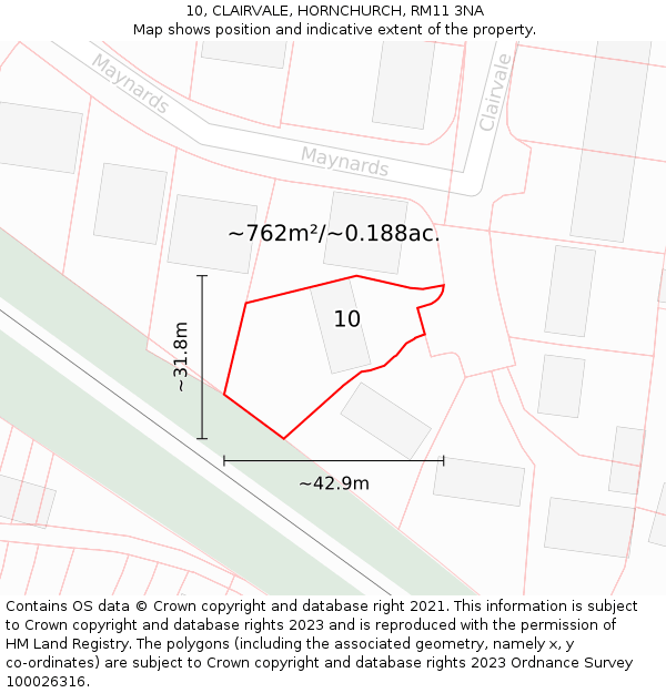 10, CLAIRVALE, HORNCHURCH, RM11 3NA: Plot and title map