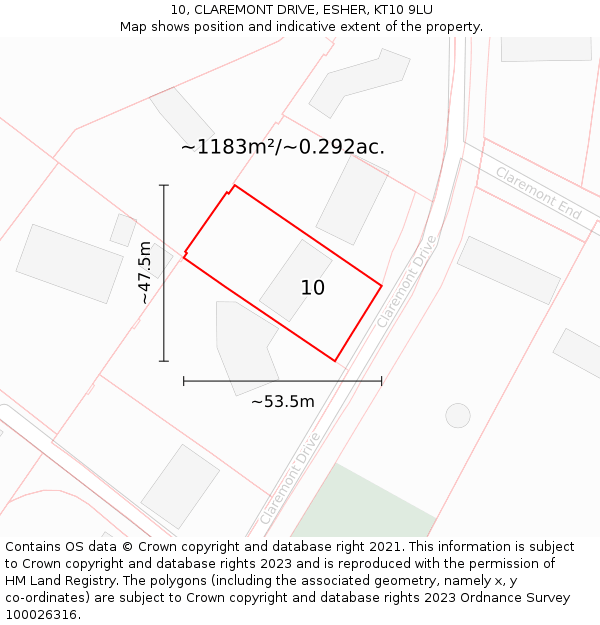 10, CLAREMONT DRIVE, ESHER, KT10 9LU: Plot and title map