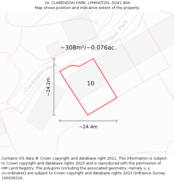 10, CLARENDON PARK, LYMINGTON, SO41 8AX: Plot and title map