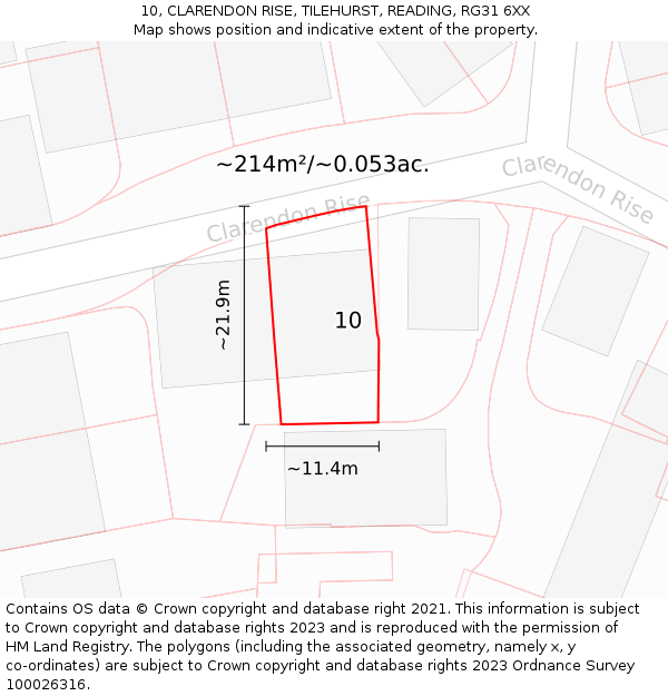 10, CLARENDON RISE, TILEHURST, READING, RG31 6XX: Plot and title map