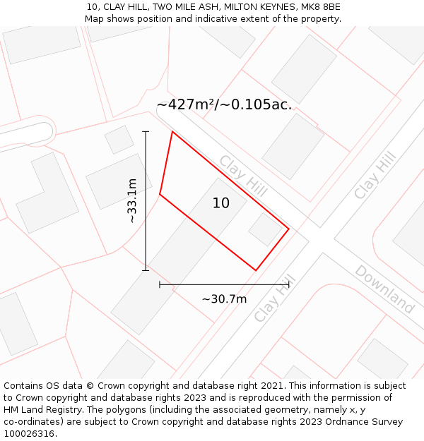 10, CLAY HILL, TWO MILE ASH, MILTON KEYNES, MK8 8BE: Plot and title map