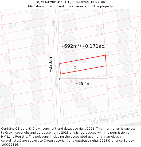 10, CLAYFORD AVENUE, FERNDOWN, BH22 9PG: Plot and title map