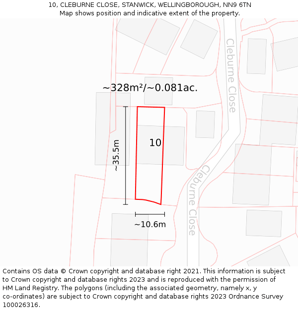 10, CLEBURNE CLOSE, STANWICK, WELLINGBOROUGH, NN9 6TN: Plot and title map