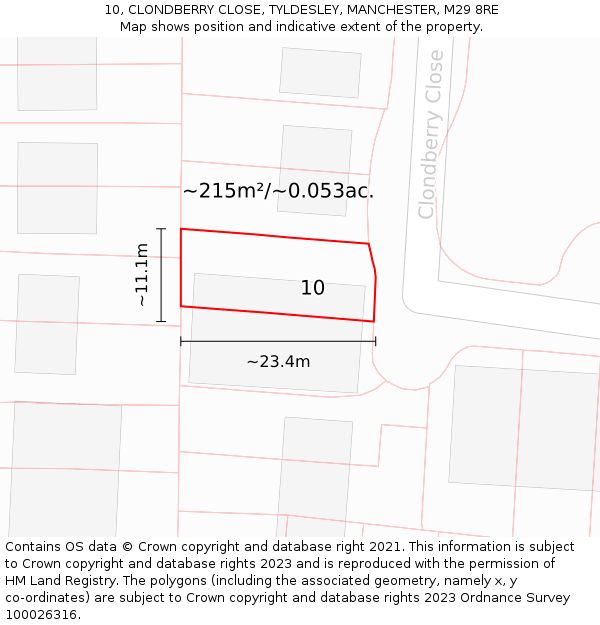 10, CLONDBERRY CLOSE, TYLDESLEY, MANCHESTER, M29 8RE: Plot and title map