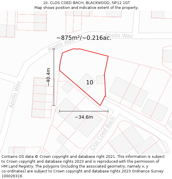 10, CLOS COED BACH, BLACKWOOD, NP12 1GT: Plot and title map