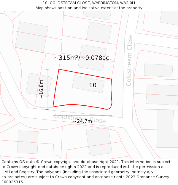 10, COLDSTREAM CLOSE, WARRINGTON, WA2 0LL: Plot and title map