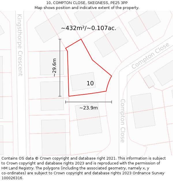 10, COMPTON CLOSE, SKEGNESS, PE25 3PP: Plot and title map