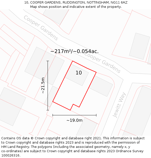 10, COOPER GARDENS, RUDDINGTON, NOTTINGHAM, NG11 6AZ: Plot and title map