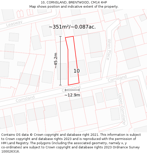 10, CORNSLAND, BRENTWOOD, CM14 4HP: Plot and title map