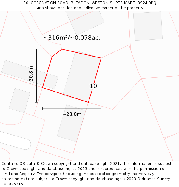 10, CORONATION ROAD, BLEADON, WESTON-SUPER-MARE, BS24 0PQ: Plot and title map