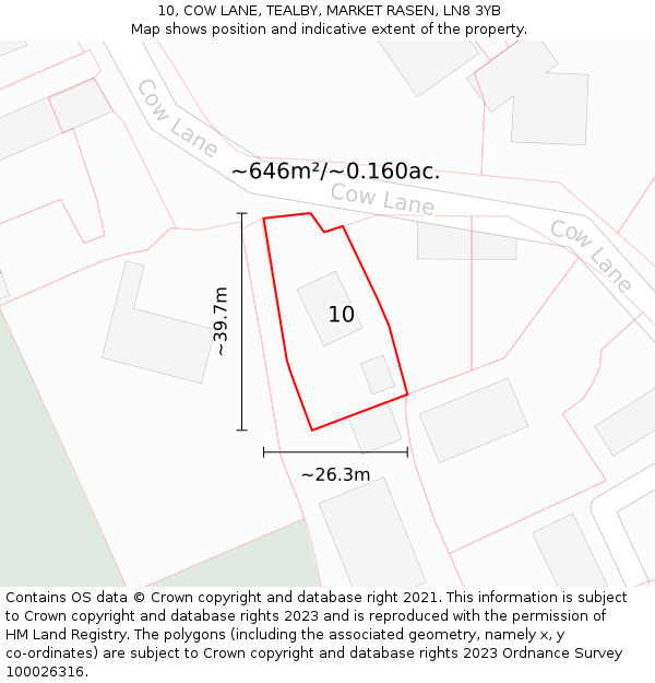 10, COW LANE, TEALBY, MARKET RASEN, LN8 3YB: Plot and title map