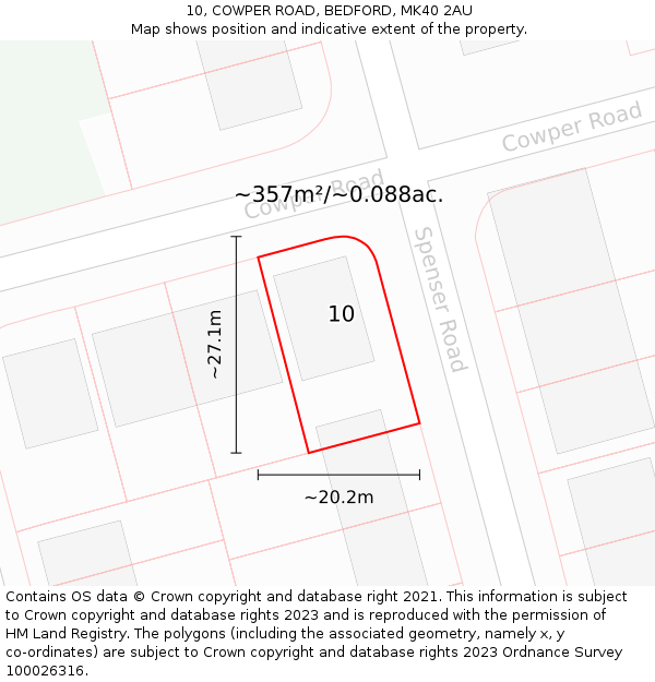 10, COWPER ROAD, BEDFORD, MK40 2AU: Plot and title map