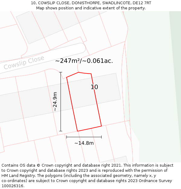 10, COWSLIP CLOSE, DONISTHORPE, SWADLINCOTE, DE12 7RT: Plot and title map