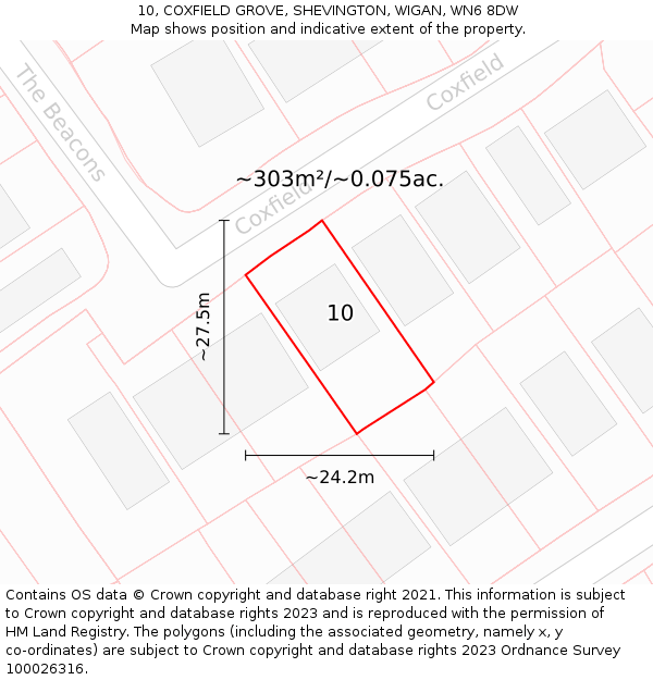 10, COXFIELD GROVE, SHEVINGTON, WIGAN, WN6 8DW: Plot and title map