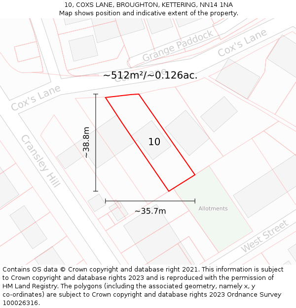 10, COXS LANE, BROUGHTON, KETTERING, NN14 1NA: Plot and title map