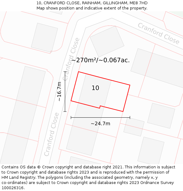 10, CRANFORD CLOSE, RAINHAM, GILLINGHAM, ME8 7HD: Plot and title map