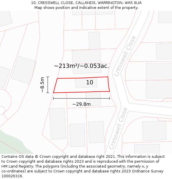 10, CRESSWELL CLOSE, CALLANDS, WARRINGTON, WA5 9UA: Plot and title map