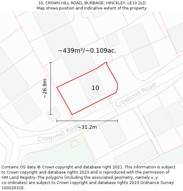 10, CROWN HILL ROAD, BURBAGE, HINCKLEY, LE10 2LD: Plot and title map