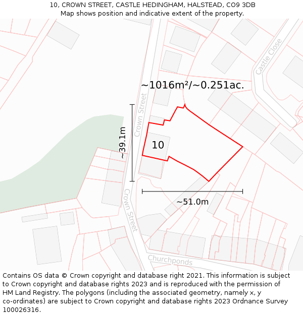 10, CROWN STREET, CASTLE HEDINGHAM, HALSTEAD, CO9 3DB: Plot and title map